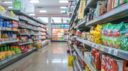 Shelf Products Display, Well-Organized Supermarket Aisle