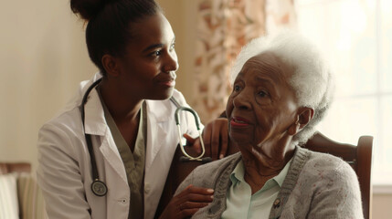 A healthcare worker gently comforts an elderly woman in a cardigan sitting on a chair.