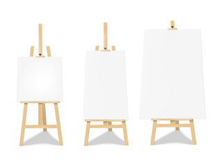 Wooden display easel stand with white blank poster board. Vector mock-up set. Folding white chalk board banner sign standee mockup - 775016856