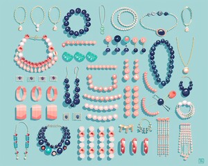 Naklejka premium Knolling sheet of jewelry, flat colors, cute simple design, bright soft palette, neatly organized