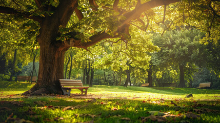 A sprawling oak with yellowing leaves towers over a solitary bench in a sun-dappled park. - obrazy, fototapety, plakaty