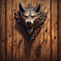 A stuffed wolf's head that hangs on a wooden wall