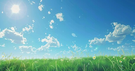Fototapeta na wymiar a blue sky with green grass, in the style of rendered in cinema4d, soft, romantic landscapes, neogeo,