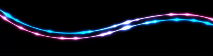 Gordijnen Bright blue and violet neon wavy lines abstract shiny retro background. Futuristic glowing vector banner design © saicle