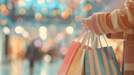 A close-up of a person's arm holding several colorful striped shopping bags, set against a vividly glowing, bokeh-light background.