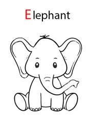 E for elephant, coloring book page. 