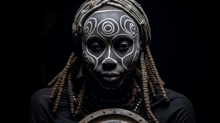 Close-up Portrait of an African woman with a painted white face from the primitive Mursi tribe in the small village of Mursi in Ethiopia. She looks at the camera on a black background