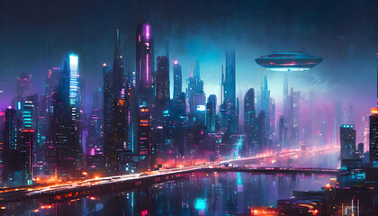 Abstract Cyberpunk futuristic cityscape on digital art concept, Generative AI.