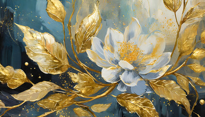 A modern art technique in oil painting. flowers, leaves. Luminous golden texture.