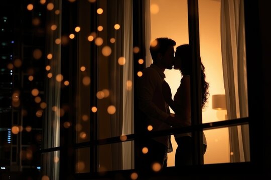 A romantic silhouette of a couple kissing by the window, with city lights in the background. Silhouette of Couple Kissing by Window