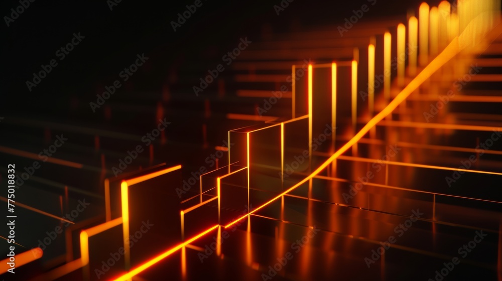 Poster a 3d line graph illustrating a rising trend from a straight-on perspective, with each segment higher