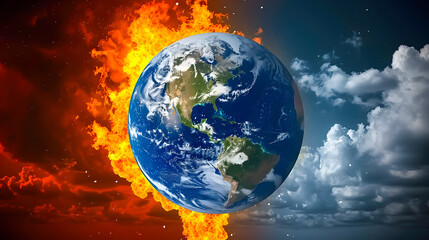 A conceptual image representing global warming with half of Earth engulfed in flames.
