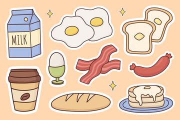 breakfast sticker set, various food, milk, coffee, toast with butter, pancakes, bacon, bread, sausage, whole egg, fried eggs, snack, lunch, vector illustration