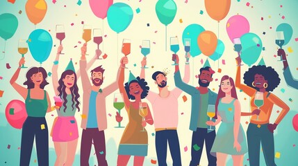 Birthday Celebration Create an illustration of a happy birthday celebration with a group of people raising their glasses in a toast to the birthday person ,4k