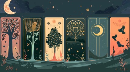 Oracle Cards with Symbolic Tree, Owl, and Moon Designs