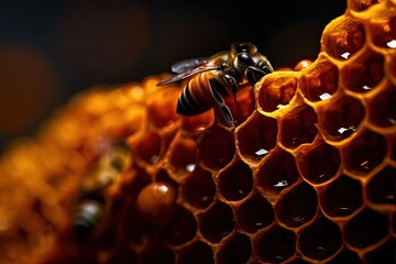 Bee on Honeycomb in Still Life Photography with Beehive Interior Background - Macro Photograph - obrazy, fototapety, plakaty