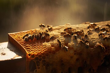 Macro Photograph of Bees on Honeycomb in Cinematic Backlit Scene with Dripping Honey and Dust Motes - Powered by Adobe