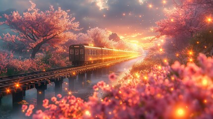 
Urban illustration,A long train bound forspring,peach blossoms in full bloom,breAthof spring and soft natural light,urbanlandscape