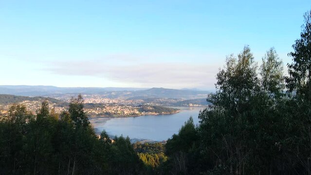 Drone shot from the viewpoint on the mount of the Pontevedra estuary, Combarro, Galicia