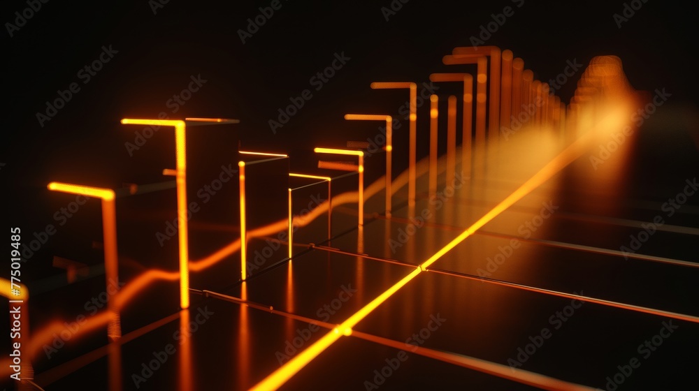 Poster a 3d line graph illustrating a rising trend from a straight-on perspective, with each segment higher