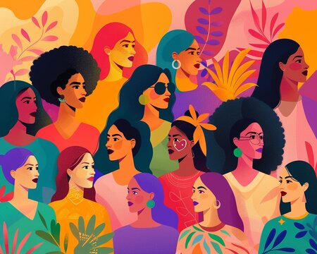Intersectional Feminism Design a banner highlighting the intersectionality of feminism, with images or illustrations representing women from diverse backgrounds and identities ,high resolution