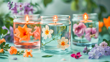 Arrangement with Floating Candles in Glass Holders Decorated with Fresh Spring Flowers. Celebration spring holiday Easter, Spring Equinox day, Ostara Sabbat. - obrazy, fototapety, plakaty