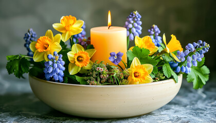 Candle Centerpiece in Ceramic Bowl with Mixed Spring Flowers.Celebration spring holiday Easter, Spring Equinox day, Ostara Sabbat. - obrazy, fototapety, plakaty