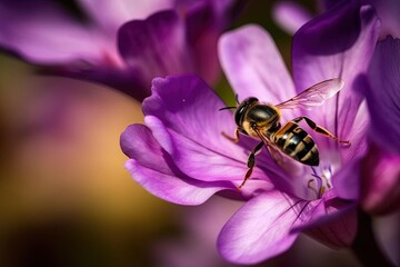Macro photograph of Bee on Purple Flower - High Contrast Hyper-Realistic