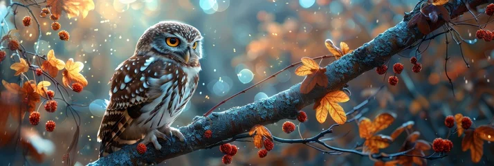Zelfklevend Fotobehang Tranquil owl perched on branch in cinematic moonlit scene, exuding wisdom and serenity © RECARTFRAME CH