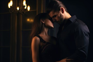 A romantic moment captured as a well-dressed couple stands close together, their faces nearly touching, in a dimly lit vintage setting. Intimate Couple in Elegant Evening Wear