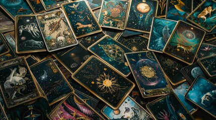 Mystical Oracle Card Spread with Unique Symbols - obrazy, fototapety, plakaty