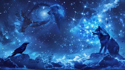 Tuinposter Shamanic Constellation with Wolf, Raven, and Bear © irissca