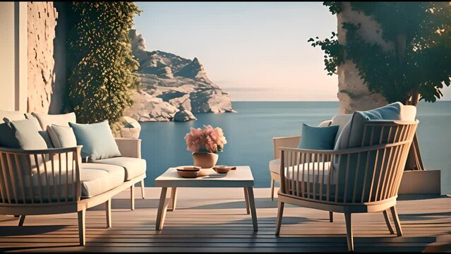 Minimalist modern terrace with relax area, armchairs and table for breakfast, panoramic sea ocean, sunset sunrise. outdoor terrace with designer furniture sofa with ocean view. 