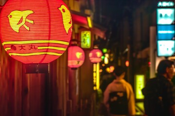 Beautiful shot of a Japanese red lantern on the street