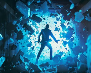 Obraz premium Disruptive Force Capturing the essence of disruption in the business world, where new ideas punch through the established power walls of traditional industries ,4k