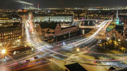 Fototapeta na wymiar Aerial view of long exposure light trails on the streets of Copenhagen, Denmark