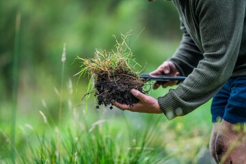 holding soil in hand. study soil health. soil fungi storing carbon through carbon sequestration on...