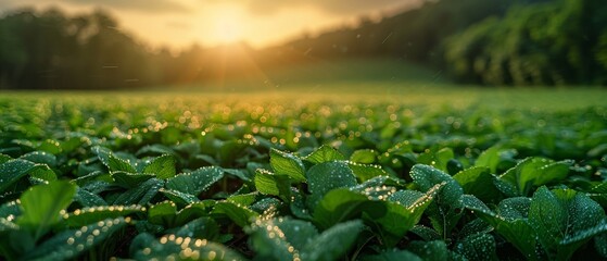 Morning Dew on Fresh Organic Farmland at Sunrise A serene