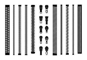 Closed and open zipper. Set of different lightnings. Zip pulls or zipper pullers, black zip lock stock collection isolated on white background. Vector illustration © Little Monster 2070