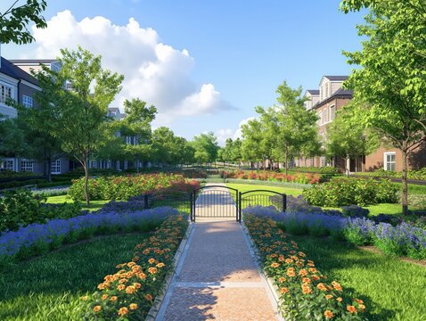 A beautiful garden with a path and a gate. The gate is open and the path is lined with flowers. The garden is surrounded by trees and has a peaceful, serene atmosphere