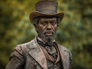 A statue of a man wearing a top hat and a suit. The man has a beard and a mustache - obrazy, fototapety, plakaty