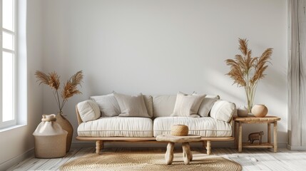 modern comfortable farmhouse style living room design with room decoration, 3d render, 3d illustration