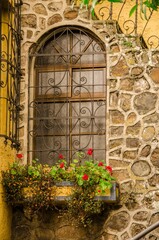 Fototapeta na wymiar Vertical shot of an antique window with flowers