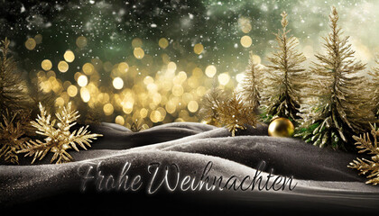 Karte oder Banner, um frohe Weihnachten in Weiß und Schwarz zu wünschen, dargestellt durch einen schwarzen Hügel mit goldfarbenen Tannenbäumen auf einem schwarz-goldenen Hintergrund mit Kreisen im gol