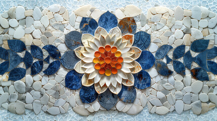Mosaïque en forme de fleur de lotus en pierre blanche, bleue et orange, pavés et ornements en céramique, ambiance bains, thermes et jacuzzis luxueux