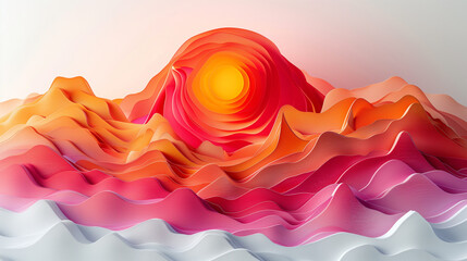 Paysage abstrait martien, atmosphère et reliefs rocheux rouges sous un soleil couchant, 3D ou reliefs en papier