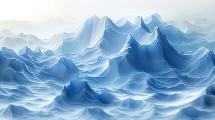 Arrière-plan contemporain en 3D avec reliefs et courbes, tons bleu glacier, effets strates géologiques, relief de montagne et paysage abstrait sur fond blanc - obrazy, fototapety, plakaty