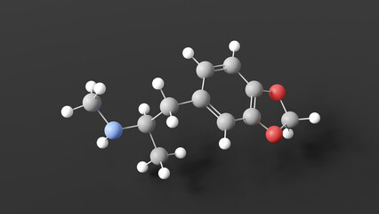 midomafetamine molecular structure, benzodioxoles, ball and stick 3d model, structural chemical formula with colored atoms