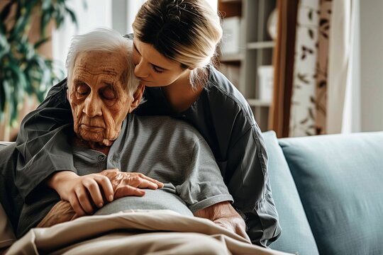 Compassionate Care for the Elderly with Dementia In a warm, sunlit room, a caregiver provides gentle support to an elderly man with dementia, offering a touch of kindness and understanding.