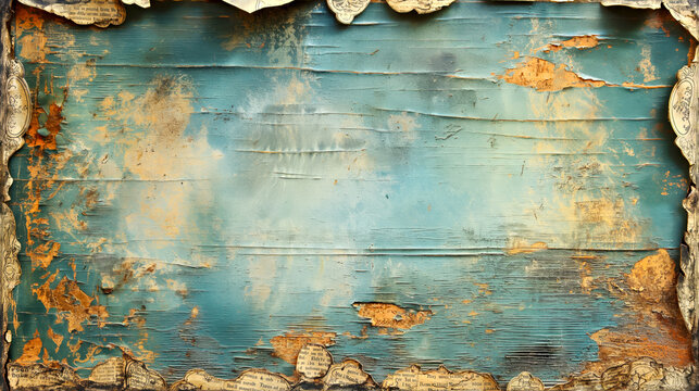A blue antique background with a old paper torn apar.